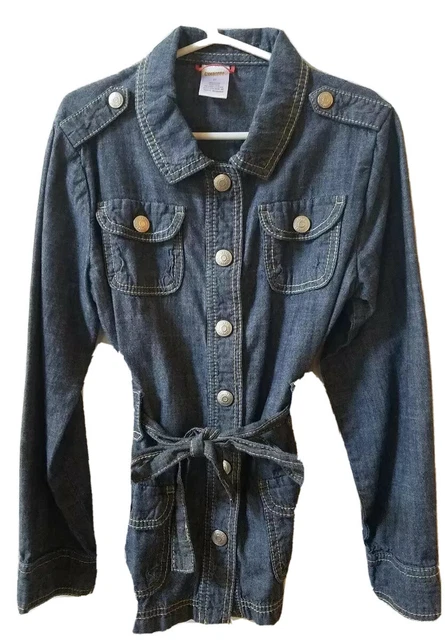Gymboree Girls Top Shirt Long Sleeve Denim Look Snap Front Belted Blue M Cotton