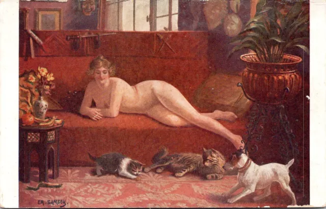 art Samson nude woman cat & Fox terrier dog original 1910s postcard Salon Paris