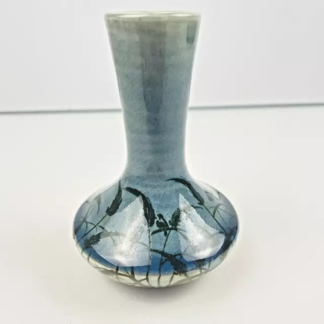 Vintage Thailand Siam Celadon Blue Vase Birds & Reeds Design 11cm Signed & Dated