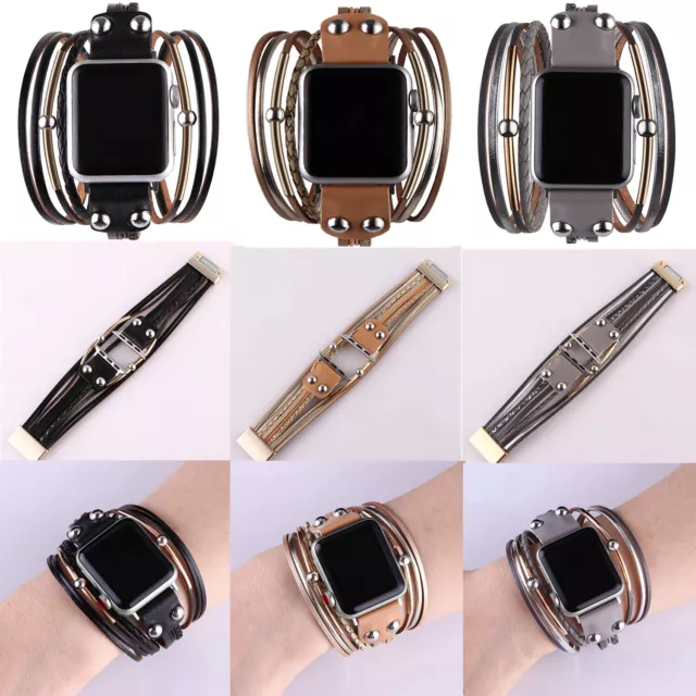 Multi-Layer Leather Cuff for Apple Watch Series 9 8 7 6 5 SE iWatch Band 41/45mm