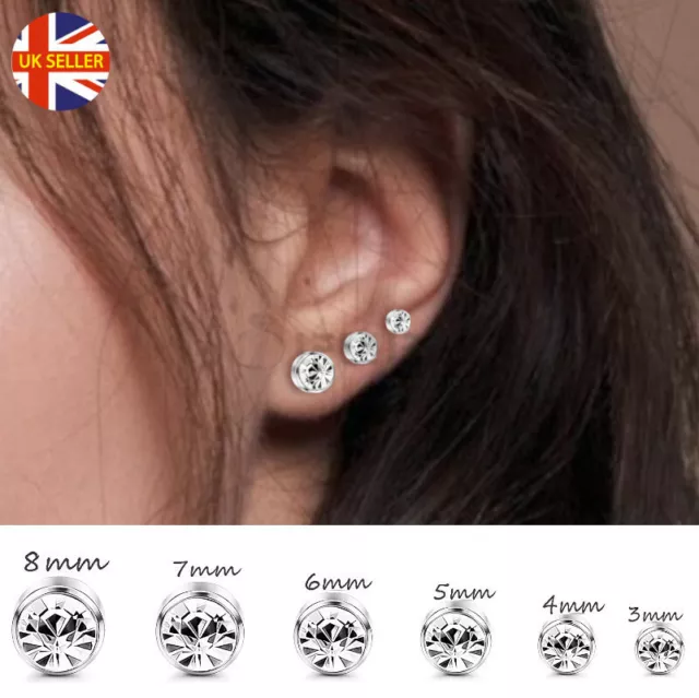 3-8MM Cubic Zircon Gem Earrings Ear Studs Piercings Surgical Steel Pair Silver