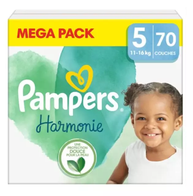 Mega Pack 70 Couches PAMPERS HARMONIE Taille 5 (11 à 16 KG) New Baby Change Bébé