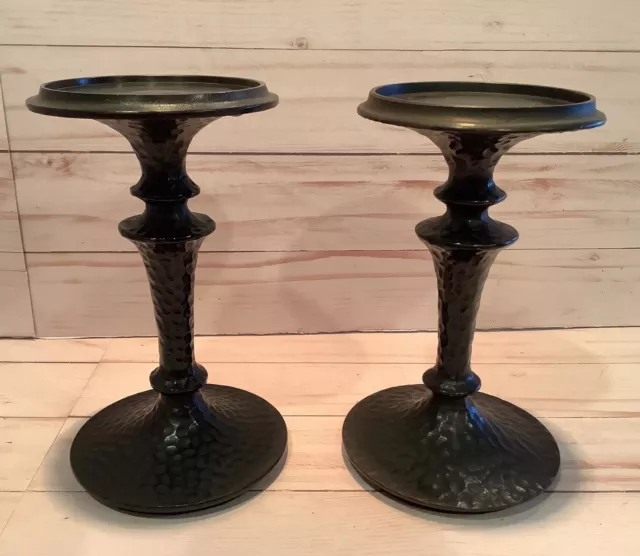2 Pottery Barn Seville Pillar Candle Holders 7" Hammered Bronze