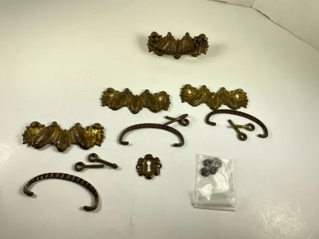 4 Vintage Drawer Pulls Handles Dresser Thin Brass Plate Metal Ornate