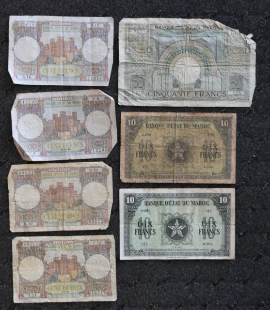 7- Morocco Banknotes 10 50 & 100 Francs 1943-1950