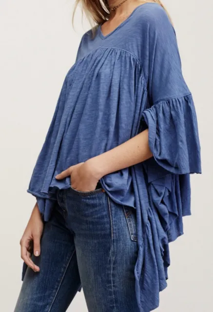 Free People Easy Does It Top Ruffled Pleated Oversized Uneven Hem Blue M NEW