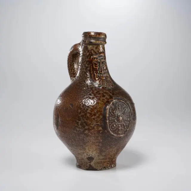 Antique Bellarine Early German Stoneware 17th Century Jug Bottle 8.25"h 5"dia