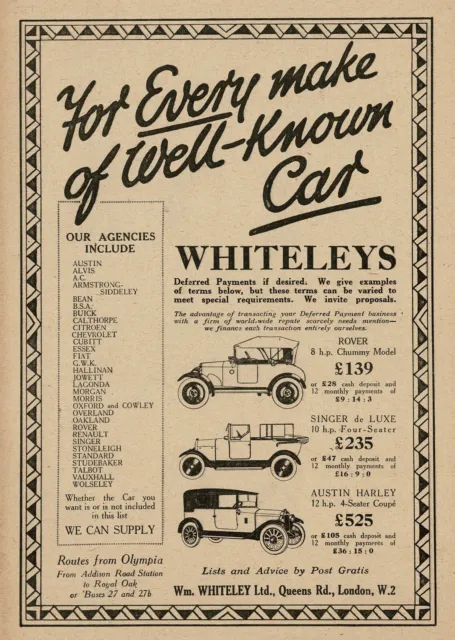 1920s Original Vintage Whiteleys Rover Singer & Austin Car Dealer Art Print Ad