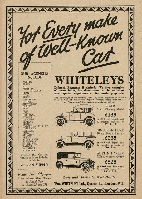 1920s Original Vintage Whiteleys Rover Singer & Austin Car Dealer Art Print Ad