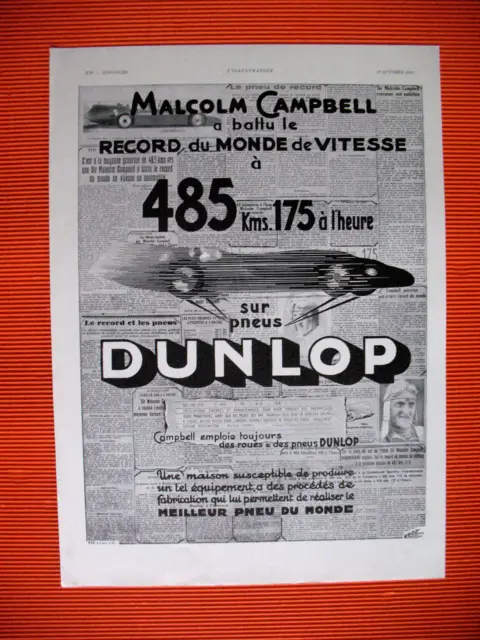 Publicite De Presse Dunlop Pneu Malcom Campbell Record De Vitesse French Ad 1935