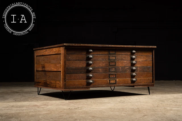 Antique 6 Drawer Wooden Flat File with Hairpin Legs