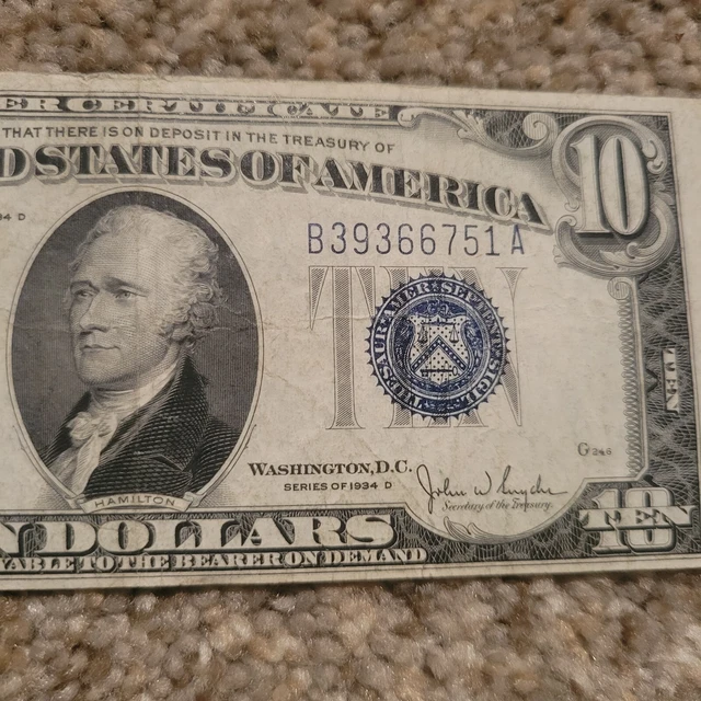 💢ERROR💢 1934 A $10 Ten Dollar Silver Certificate Note Blue Seal, 3