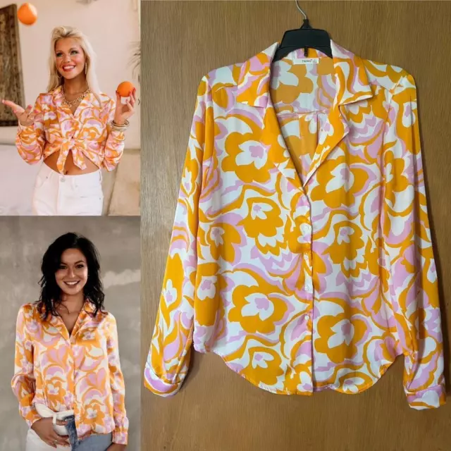 60s 70s Y2K Retro Vintage Blouse Hippie Chic Orange Lilac Satin Floral Design L