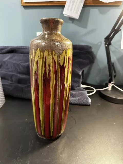 Large 12” Drip Glaze Pottery Vase Red Green And Brown
