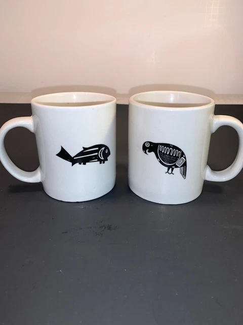 2 Railroad Coffee Cups Fish Bird China Vintage Collectables