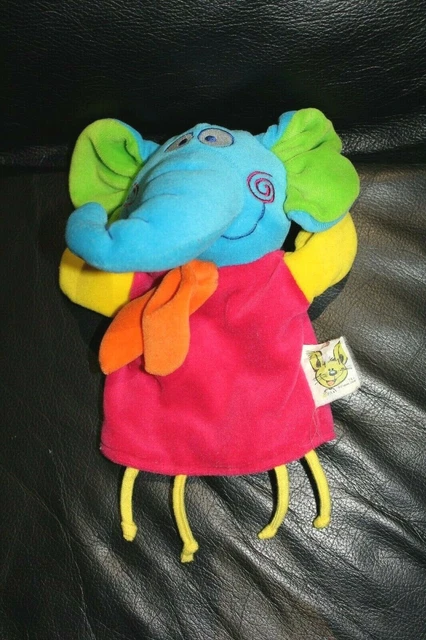 Doudou marionnette éléphant bleu rose orange vert DUPUIS T&J 2004 grelot