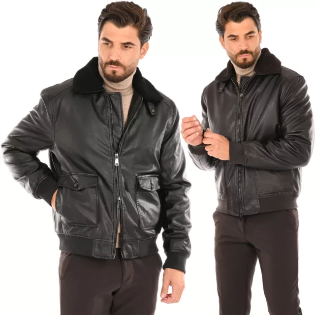 Giubbotto Uomo Pelle Invernale Bomber Giacca Biker Aviator Slim Moto Giubbino