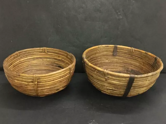 Alt Vintage Tribal Indisch 2 Pc. Selten Handgefertigt Bamboo Holz Korb Schale /