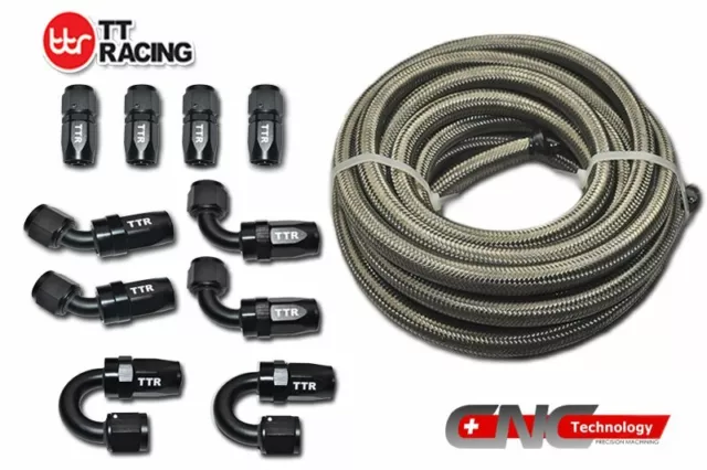 -4AN 6M 20FT Stainless Steel Braided Fuel Line Black Swivel 10 Fittings Hose Kit