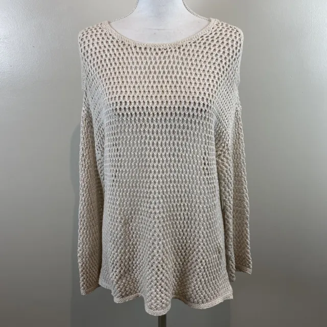 John + Jenn Womens Small Beige Knit Cold Shoulder Sweater Top L/S Open Weave B57