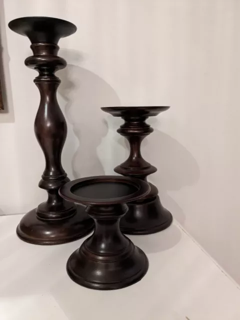 Pottery Barn Mahogany Turned Wood Candle Holders Set Up Three