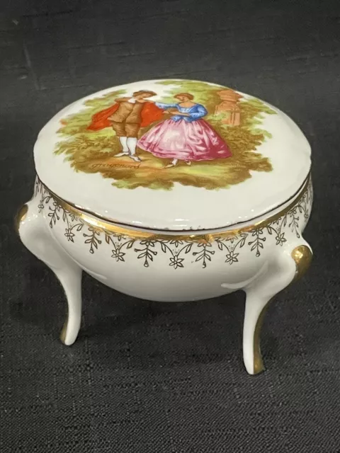 Trinket Box Limoges France with Lid Footed Round Porcelain Courting Couple