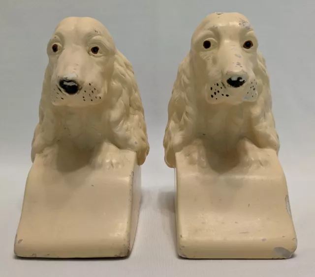 Vintage Ceramic Painted Chalkware Spaniel Dog Bookends 1930s? Gentle Expressions