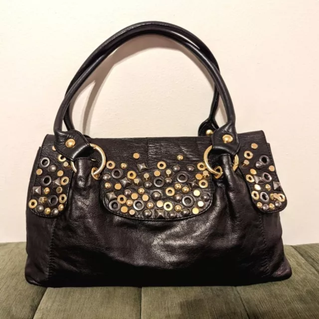 Roberta Gandolfi Italy black leather gold and silver metal studded shoulder bag