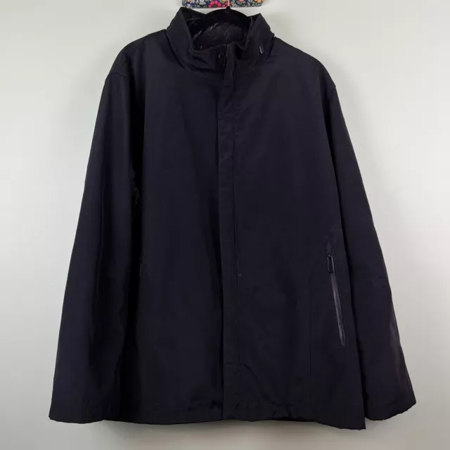 TUMI T-TECH Sz XL Mens Black Rain Coat Hidden Hood Long Zip Up Lined Jacket