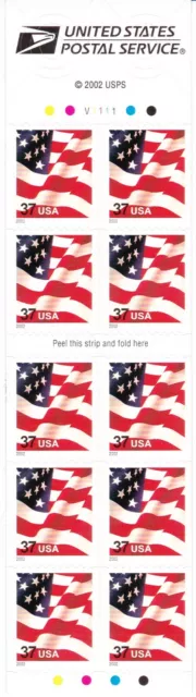 U.S. DEFINITIVE BOOKLET PANE OF 10 SCOTT#3634a 2002 37ct U.S. FLAG MNH P#V1111