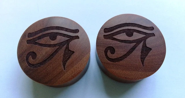 1 Pair ORGANIC Hand Carved Egyptian Eye Saba Wood Saddle Ear Plugs Taper Gauges 2