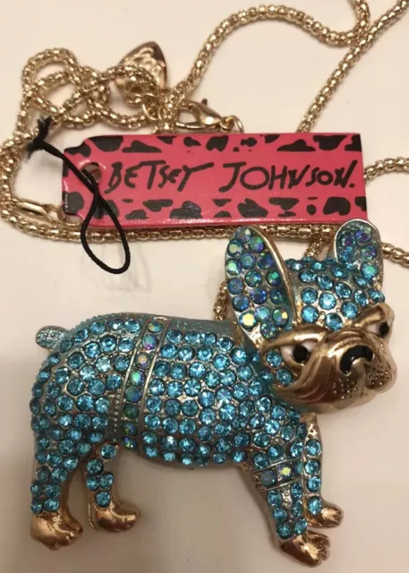 Betsey Johnson Blue Enamel Rhinestone Crystal Dog Bull Dog Pendant Necklace NWT