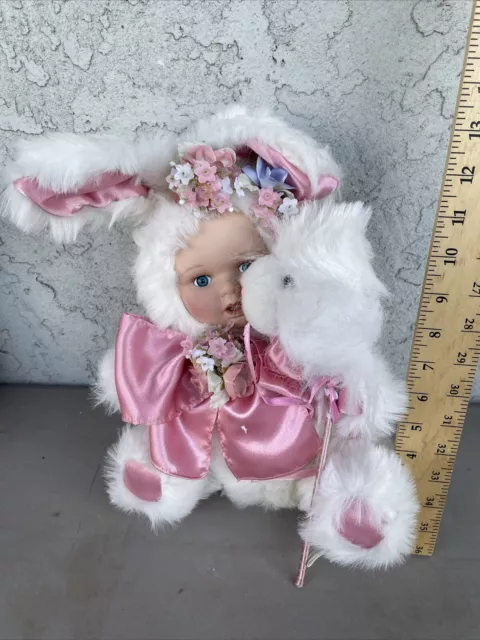 Bunny Rabbit Stuffed Plush with Porcelain Baby Face Easter Doll Holding Toy a420