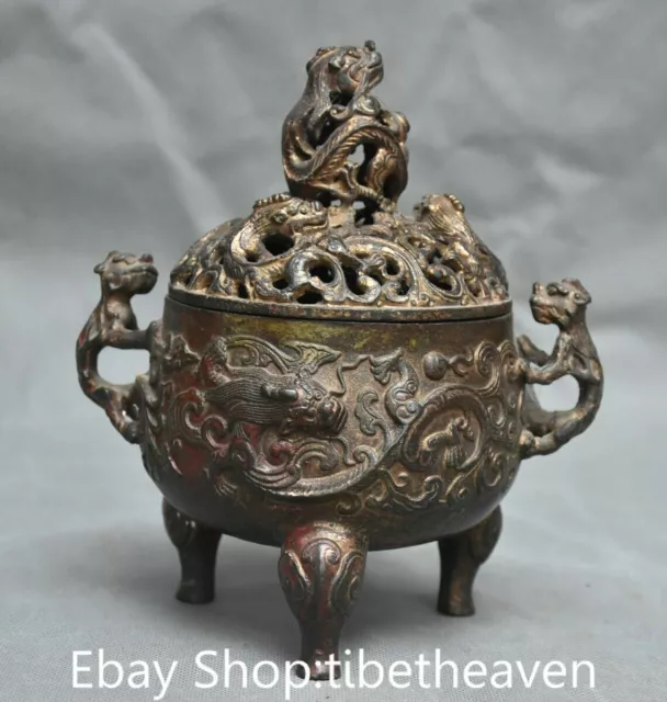 7.2" Old Chinese Bronze Gilt FengShui Dragon Pixiu Beast Ear Incense burner