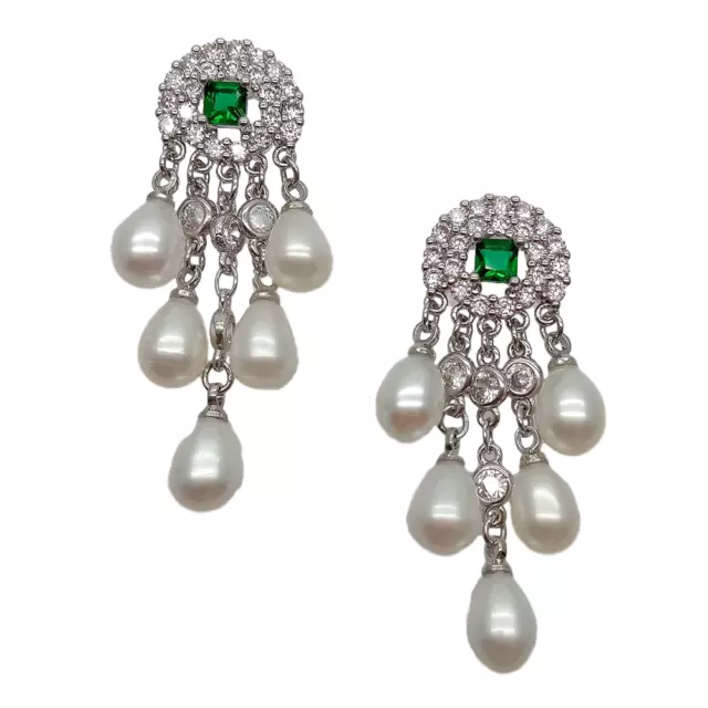 Freshwater White Rice Pearl Cz Pave Setting Dangle Stud Earrings