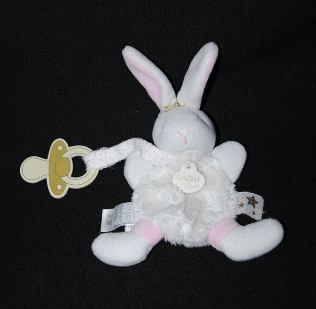 DOUDOU ET COMPAGNIE plat lapin mini blanc rose fleurs attache tétine TTBE