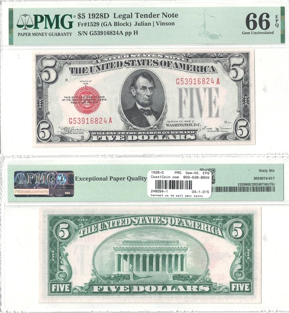 1928-D $5 Legal Tender Fr 1529 PMG Gem Uncirculated-66 EPQ