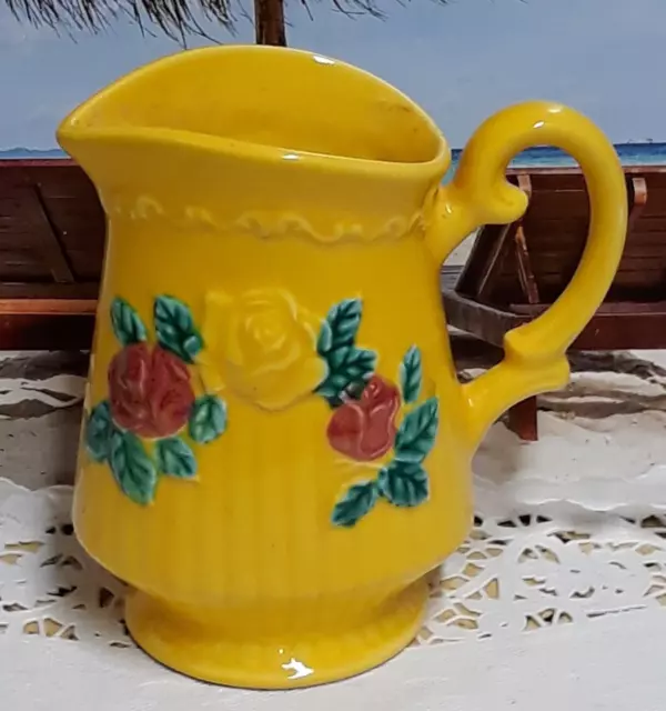 Vintage Norleans Japan Yellow Creamer Pitcher with Red Roses - 1950's