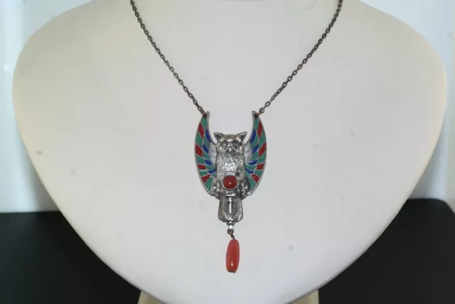 Vtg Egyptian Revival Enamel Owl Carnelian Drop Silver Pendant Necklace