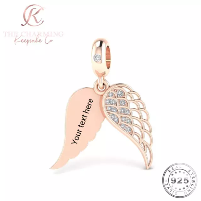 Engraved Angel Wings Charm Genuine Rose Gold 925 Sterling Silver - Personalised