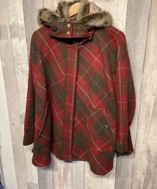 JOULES CAROLYN SWING Coat Size XS Green Tweed Wool Mix Hooded Fur Trim 65.00 PicClick UK