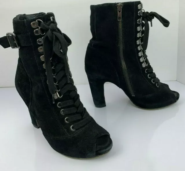 Black Suede Lace Up Booties Open Peep Toe 6.5 SAM EDELMAN Goth Side Zip