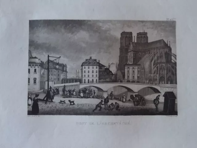 Engraving VUE PARIS PONT ARCHEVECHE SEINE ILE DE LA CITE QUAI MONTEBELLO 1820