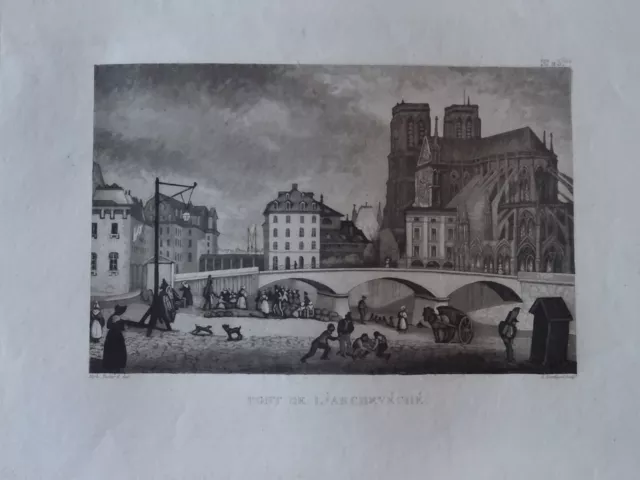 Gravure VUE PARIS PONT ARCHEVECHE SEINE ILE DE LA CITE QUAI MONTEBELLO 1820