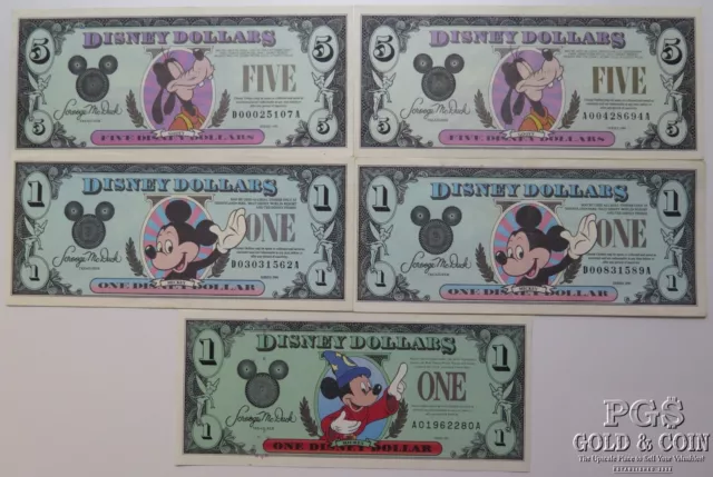 1990-1997 (3) $1 (2) $5 Disney Dollars 26533