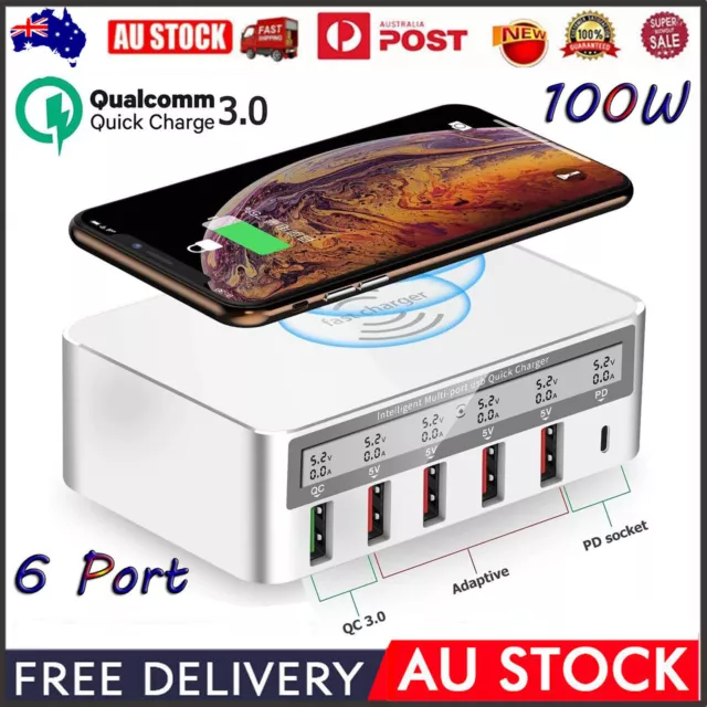 6 Port Wireless Smart USB Display Charger Fast Charging Station Charger Hub 100W