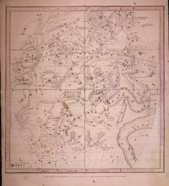 1835 Star Chart CONSTELLATIONS - CANCER, GEMINI, TAURUS Map by Burrett -#023
