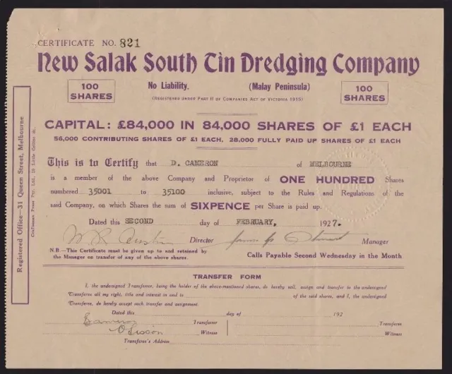 MALAYA: Australia 1927 Share Cert 'NEW SALAK SOUTH TIN DREDGING" 100 x 6d + Seal