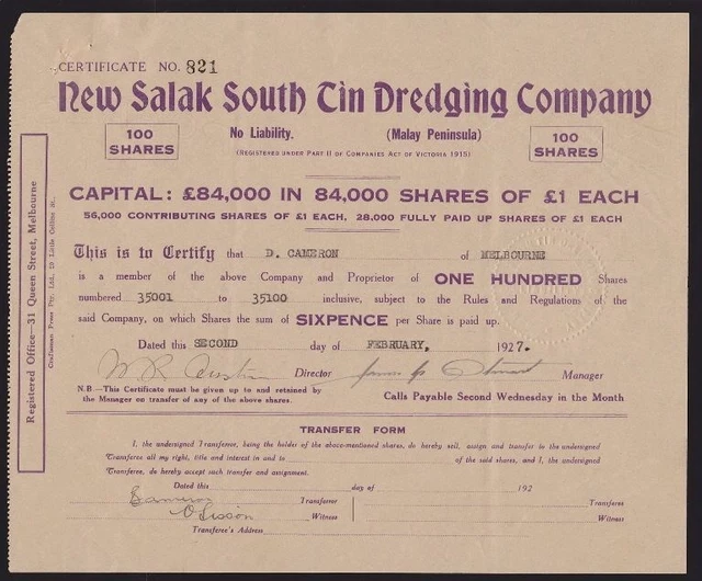 MALAYA: Australia 1927 Share Cert 'NEW SALAK SOUTH TIN DREDGING" 100 x 6d + Seal