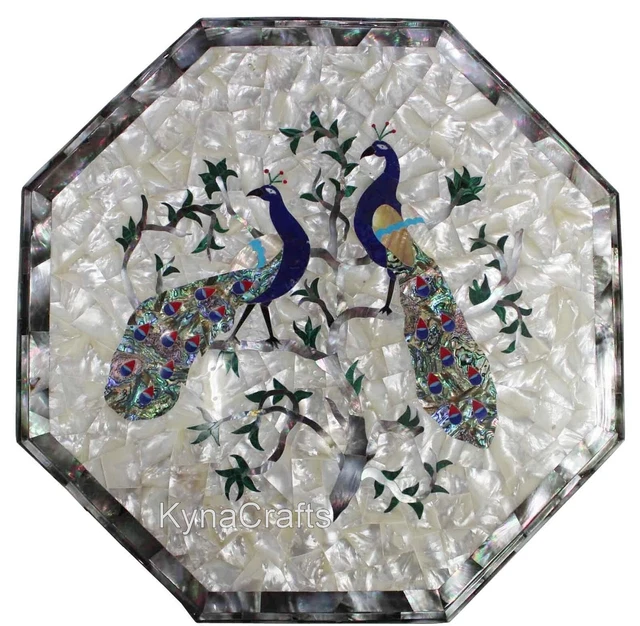 24 Inches Patio Table Inlaid with Peacock Pattern White Marble Coffee Table Top